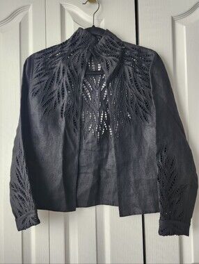 Ellen Tracy Black Linen Filigree Embroidery Cardigan Open Front Jacket, Size 6P